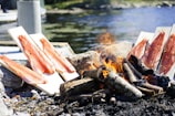 A scenic outdoor setting beside a body of water, where several salmon fillets are being smoked on wooden planks. A campfire with glowing embers provides the heat source. The stones surrounding the fire create a rustic atmosphere.