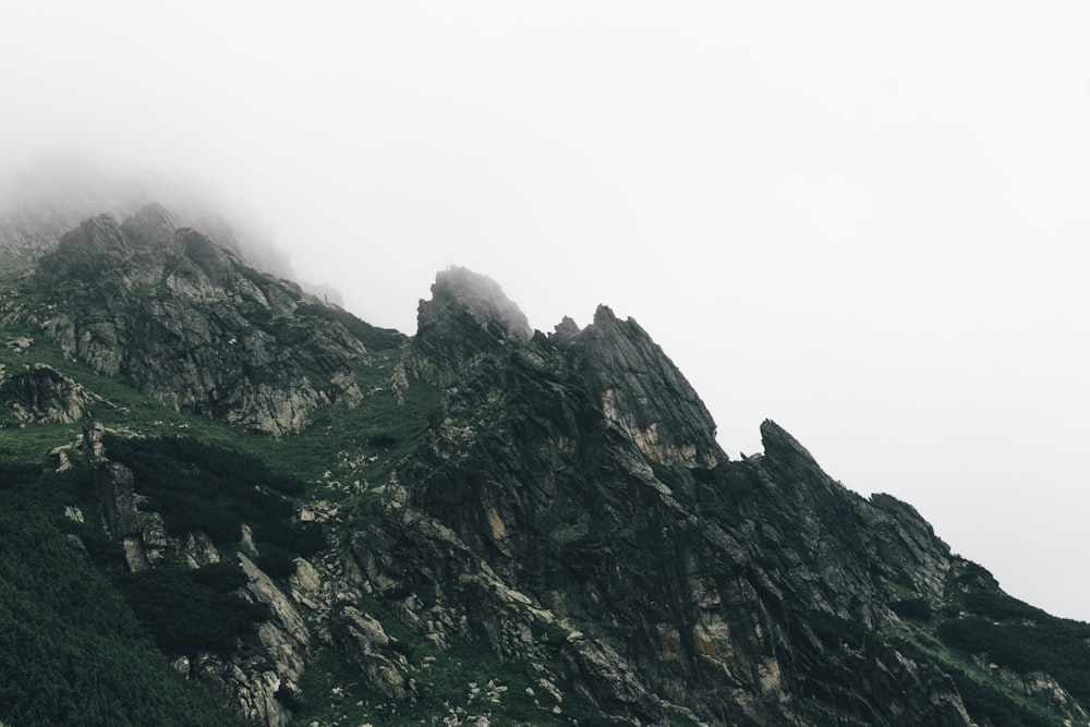 mountain covered in mist under cloudy sky