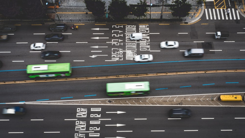 aerial view of vehicles crossing on road