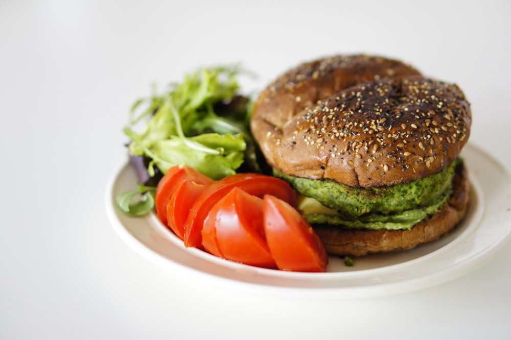 plated burger on white surface