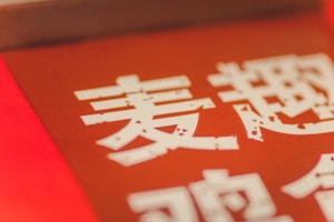 Close-up view of white Chinese characters on a red background. The text is clear, with a warm and slightly blurred aesthetic, giving it an artistic touch.