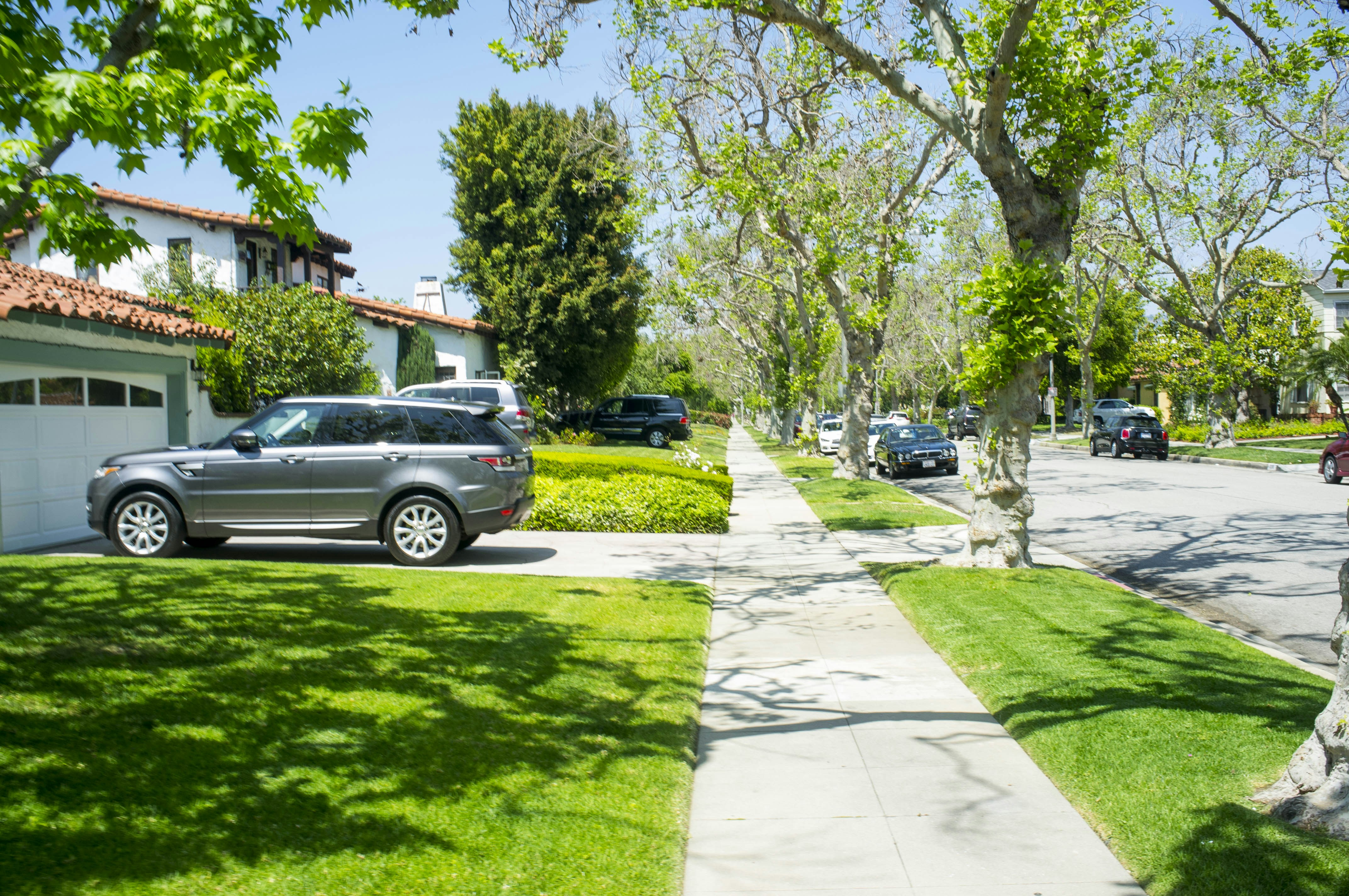 Clean suburban street with bright clean houses