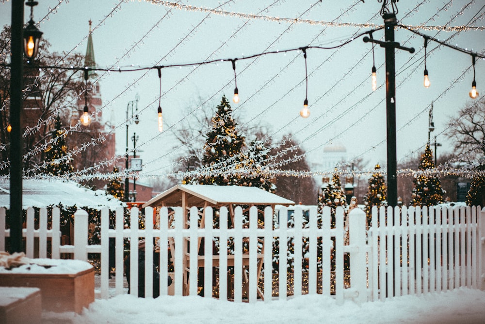 white wooden fence and string lights