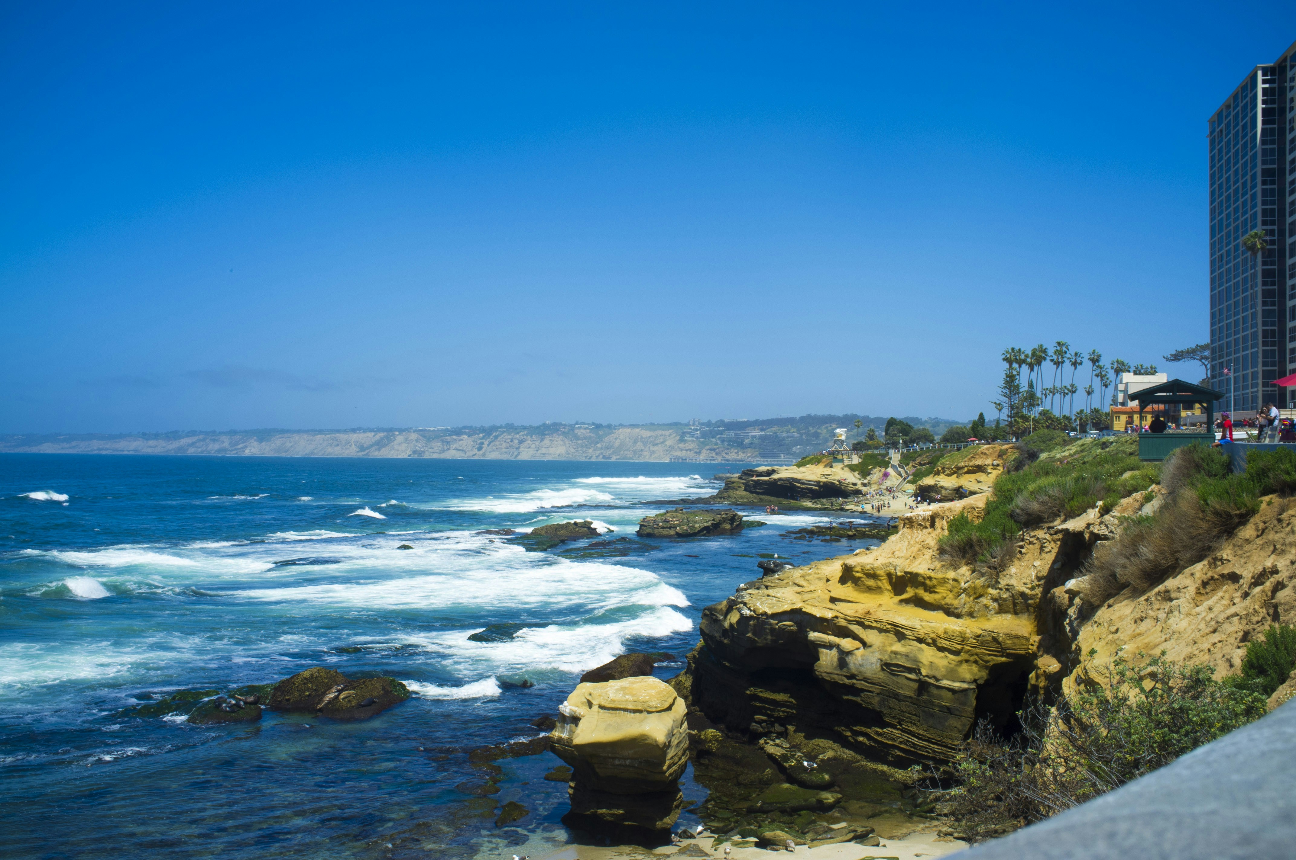 Sunny San Diego coastline with bright blue ocean