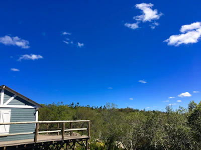 A cozy modular park home nestled among tall trees with a bright blue sky overhead.