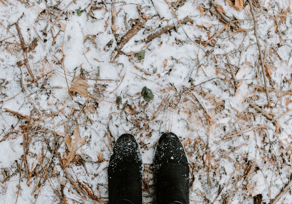 pair of black shoe on snow-covered furface