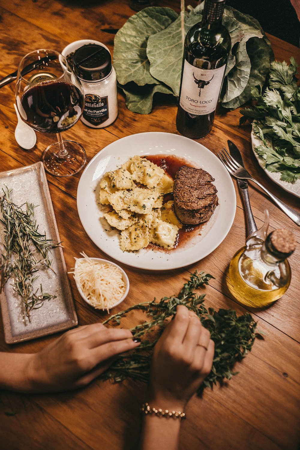 plate of pasta and patties