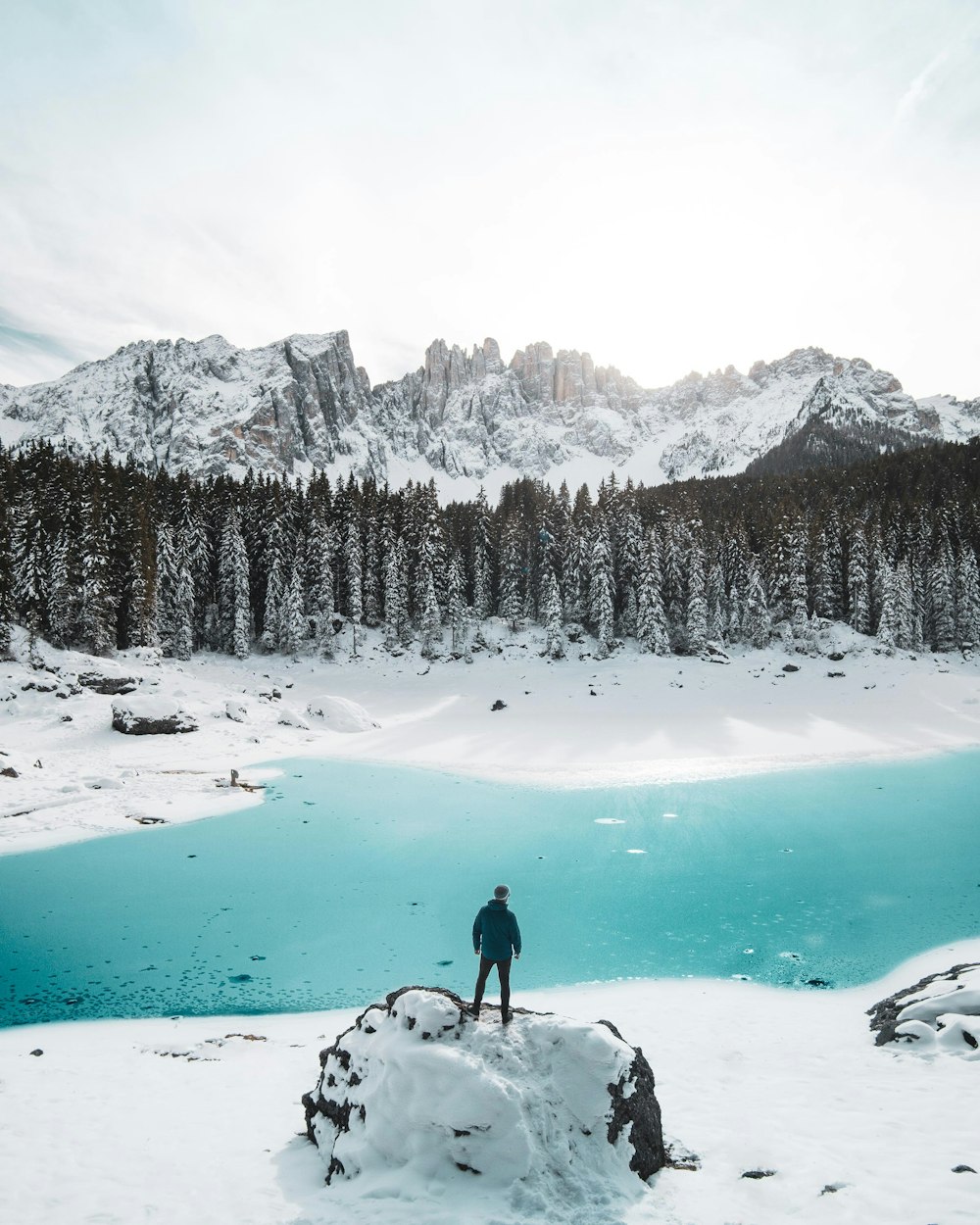 man standing on snow covered stone