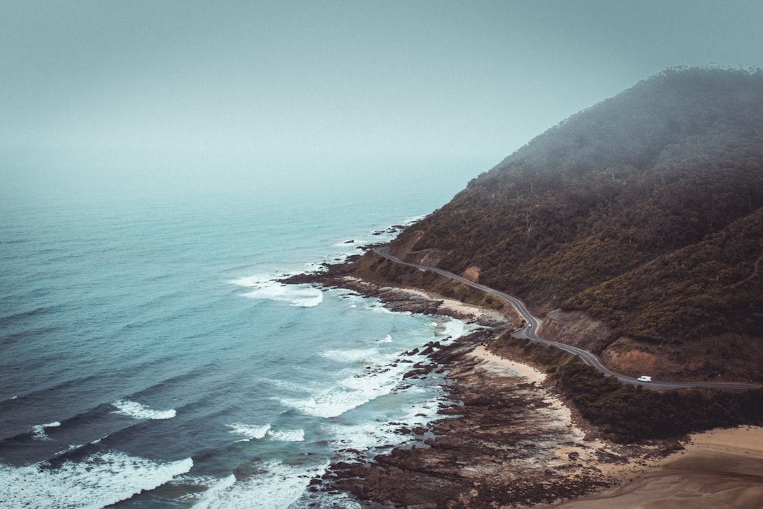 aerial photography of mountains beside road and sea,