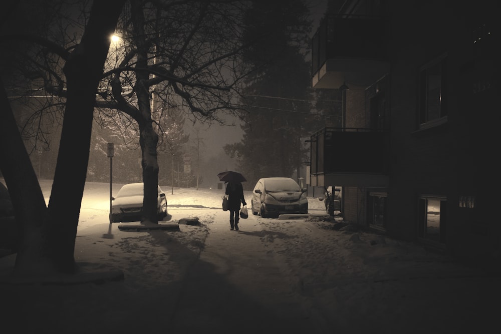 woman with umbrella walks on dark snow-covered street