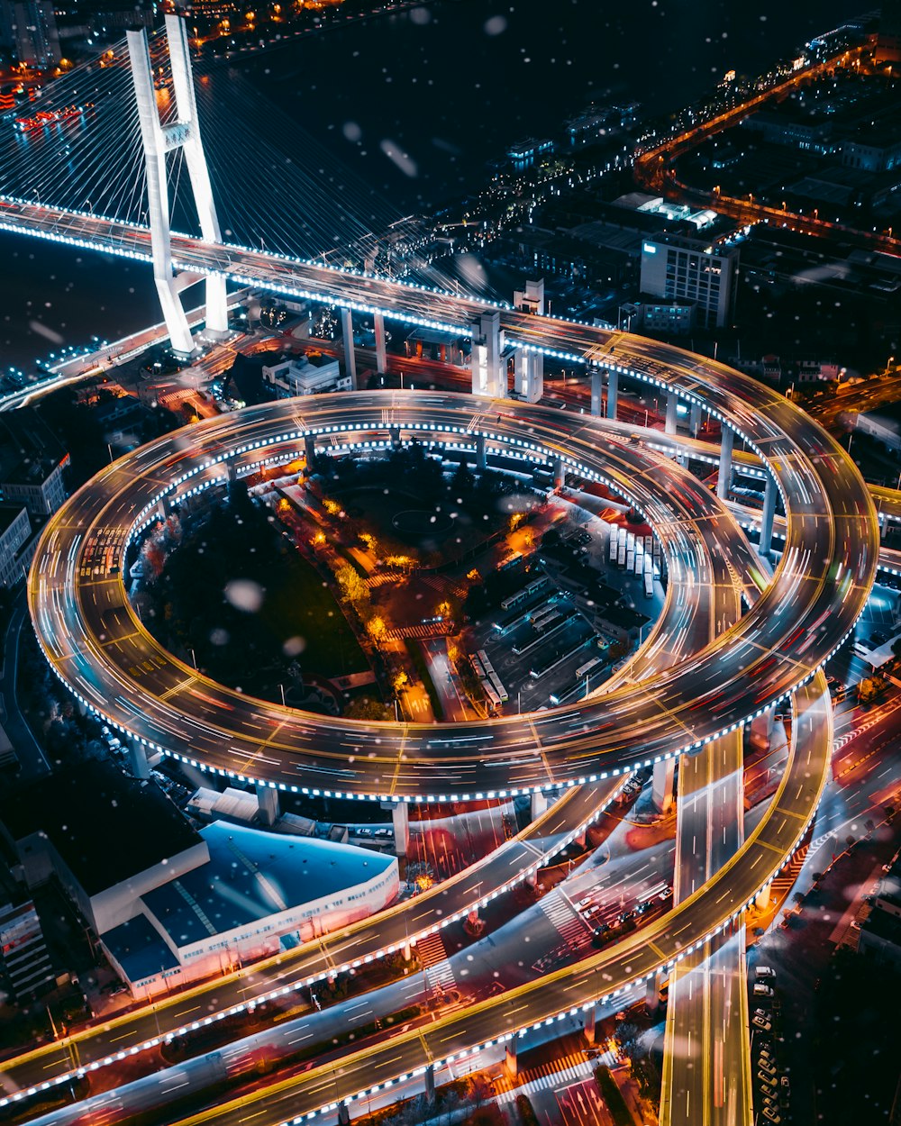 lighted road at night