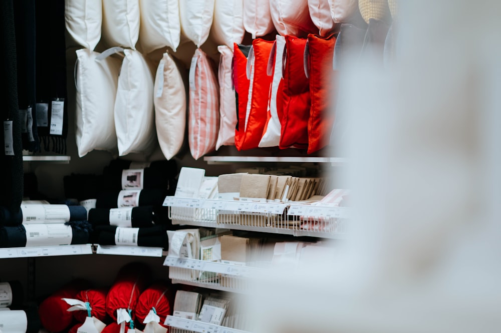 pillows on wooden shelf