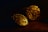 Two intricately designed gold coins rest on a dark surface. The lighting highlights the detailed carvings, featuring abstract patterns and faces, which give them an ancient and mysterious appearance.