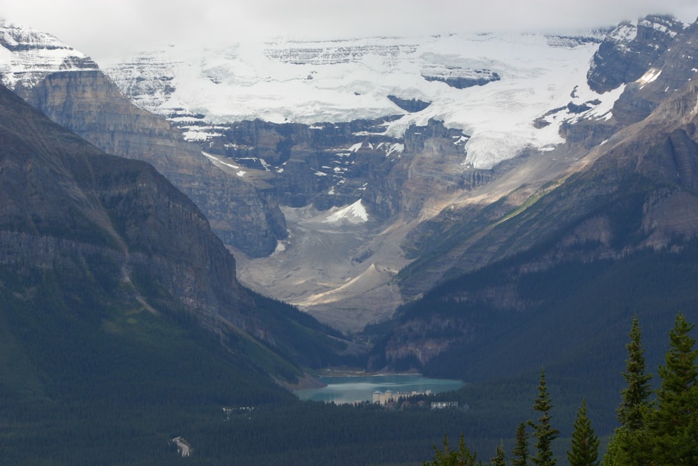 body of water between trees and mountains