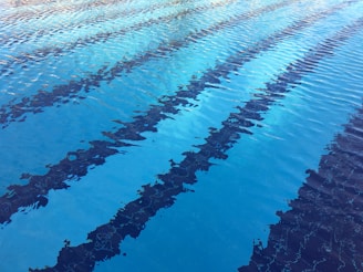A swimming pool with clear blue water and several dark lane markers extending across its surface.