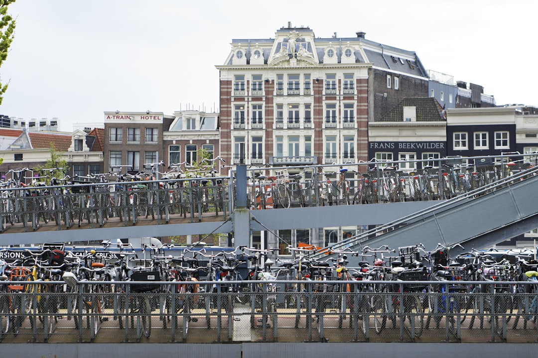 bike lot parked on bridge,