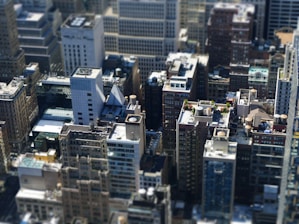 A high-angle view of a diverse urban skyline featuring various commercial and residential buildings.
