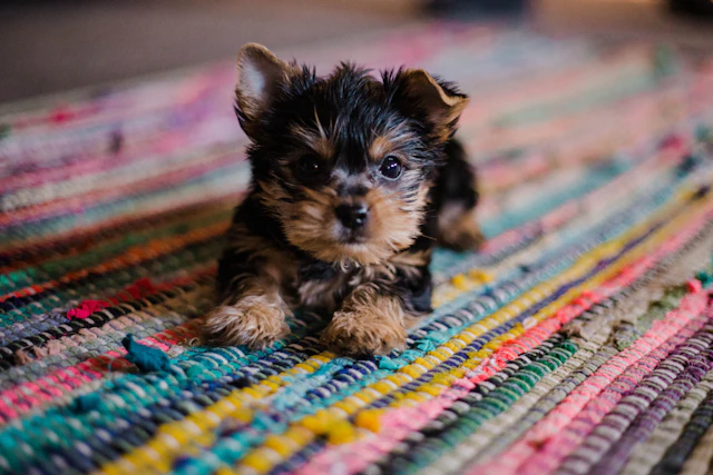 Yorkie puppy relaxing at home after grooming