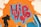 A vivid graffiti design featuring the word 'Hip Hop' in bold red and blue letters, surrounded by an orange splash effect. To the left, a black silhouette of a person holding a microphone adds a dynamic element.