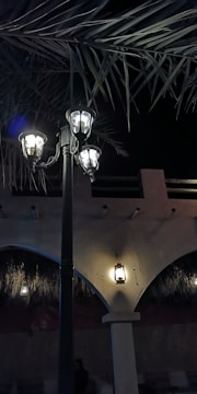 A night scene featuring an ornate street lamp with three glowing bulbs. The lamp is positioned in front of an arched structure that has several small lanterns affixed to it. Palm fronds are visible at the top, suggesting an outdoor setting with a tropical ambiance.