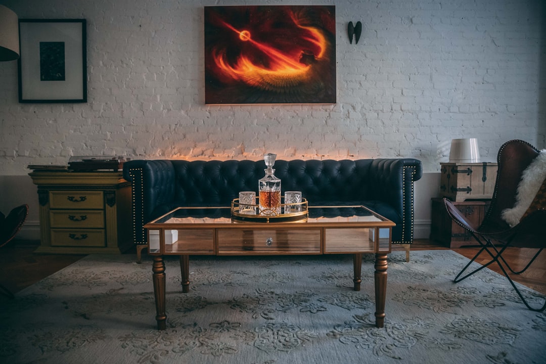 filled decanter on coffee table