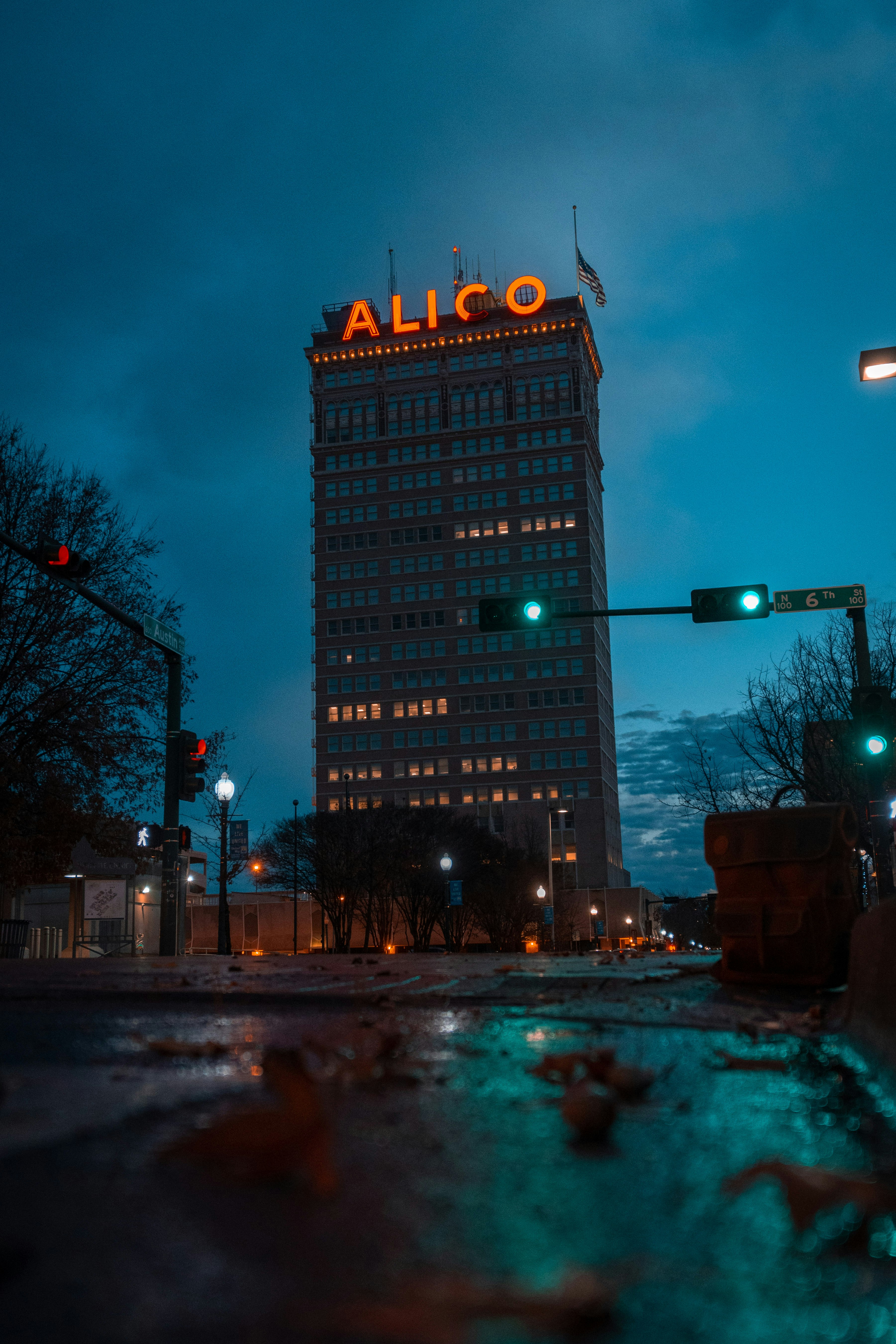 Alico building with signage that is turned on