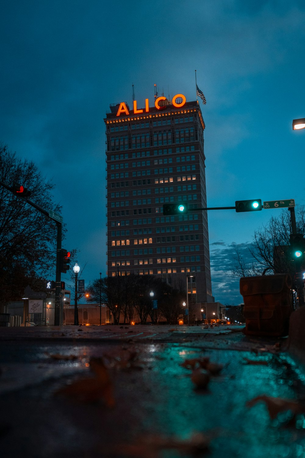 Alico building with signage that is turned on