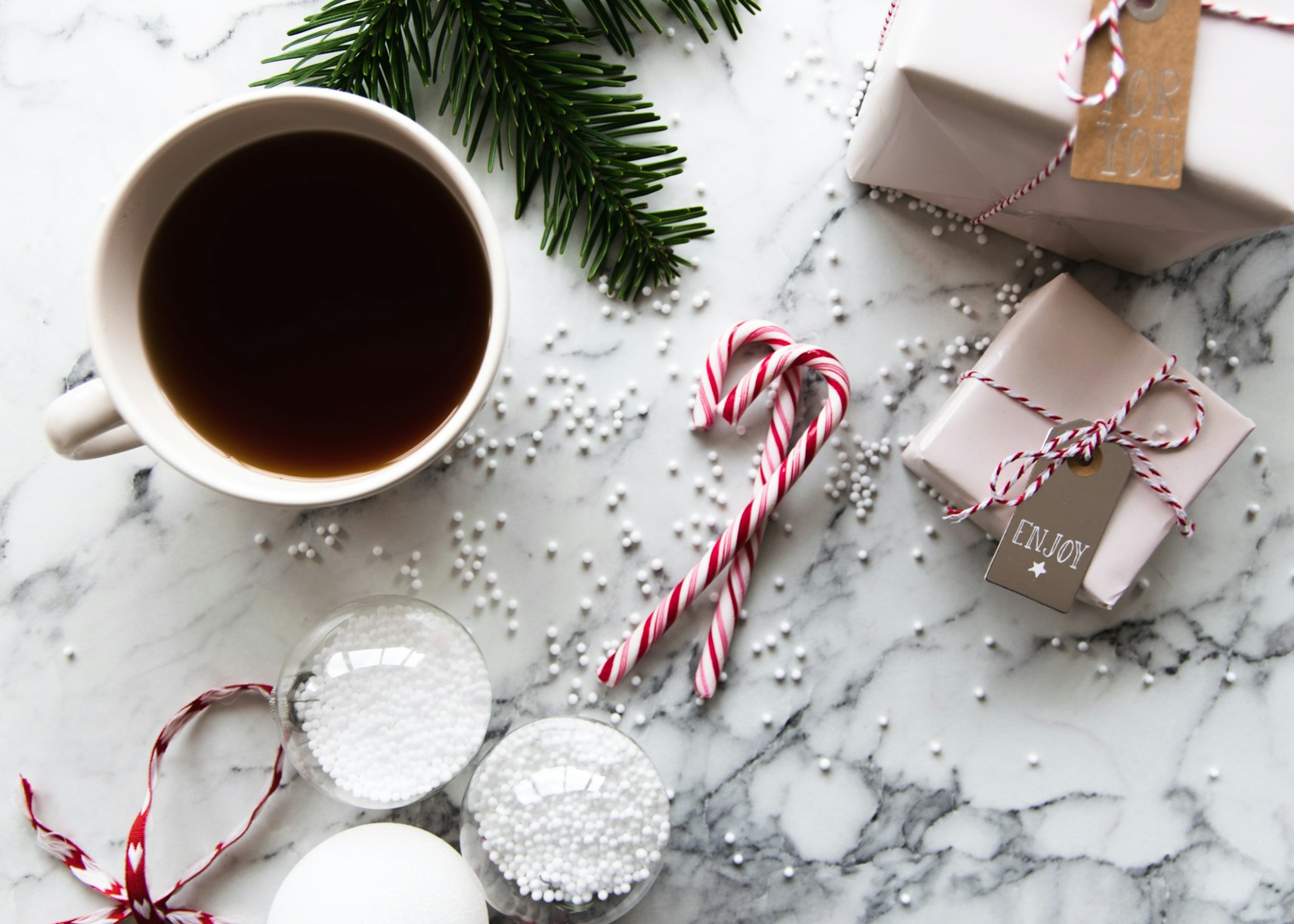 Candy Cane and Hot Chocolate Flat Lay