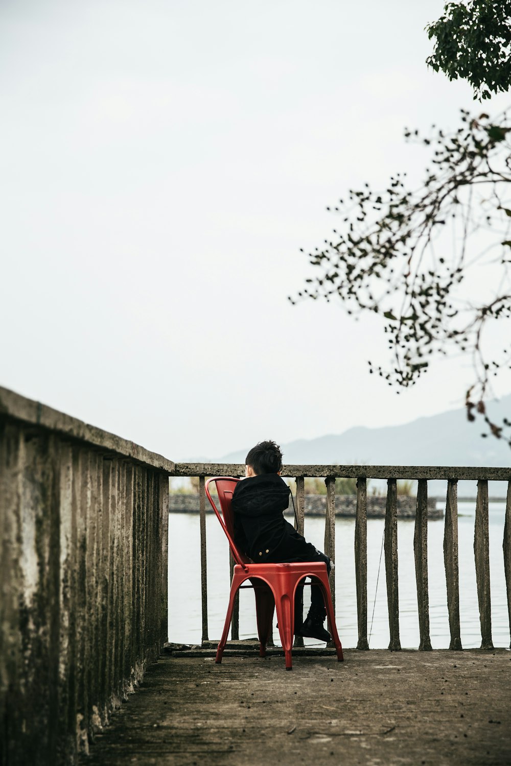 boy sitting on armless chair beside baluster