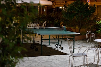 A ping pong table is situated outdoors on a stone patio, surrounded by metal chairs and lush greenery. A large umbrella is visible in the background along with some decorative plants and shrubbery. The scene is dimly lit, suggesting it is taken at dusk or night.