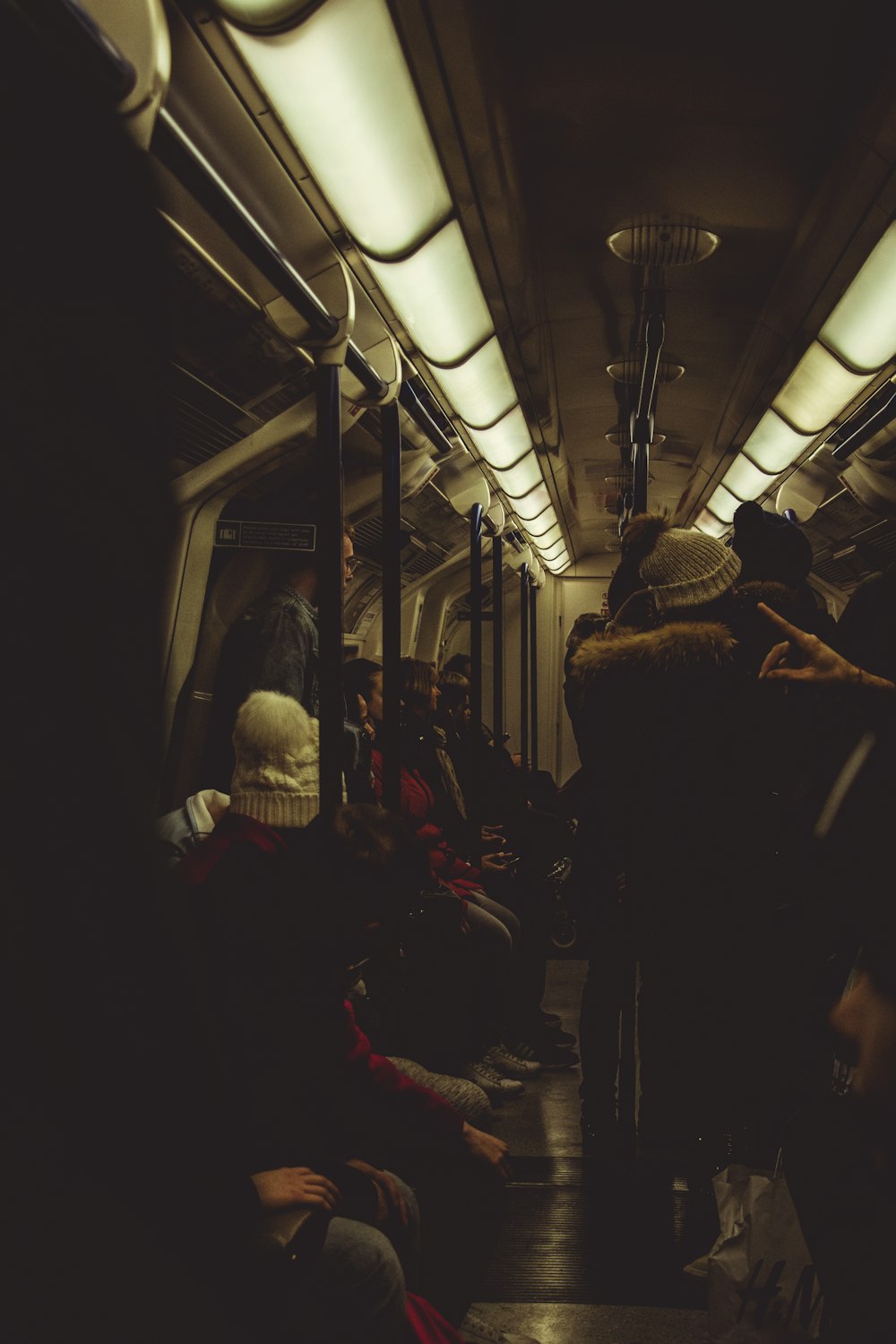 pessoas sentadas e em pé dentro do trem