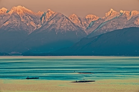 A serene shikara gliding across calm waters with snow-capped mountains in the background.