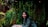 A woman with long hair is leaning on a wooden table outdoors, surrounded by lush green plants climbing on a lattice background. She is wearing a gray sweater and smiling slightly.
