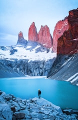 man standing on rock facing body of water and mountain
