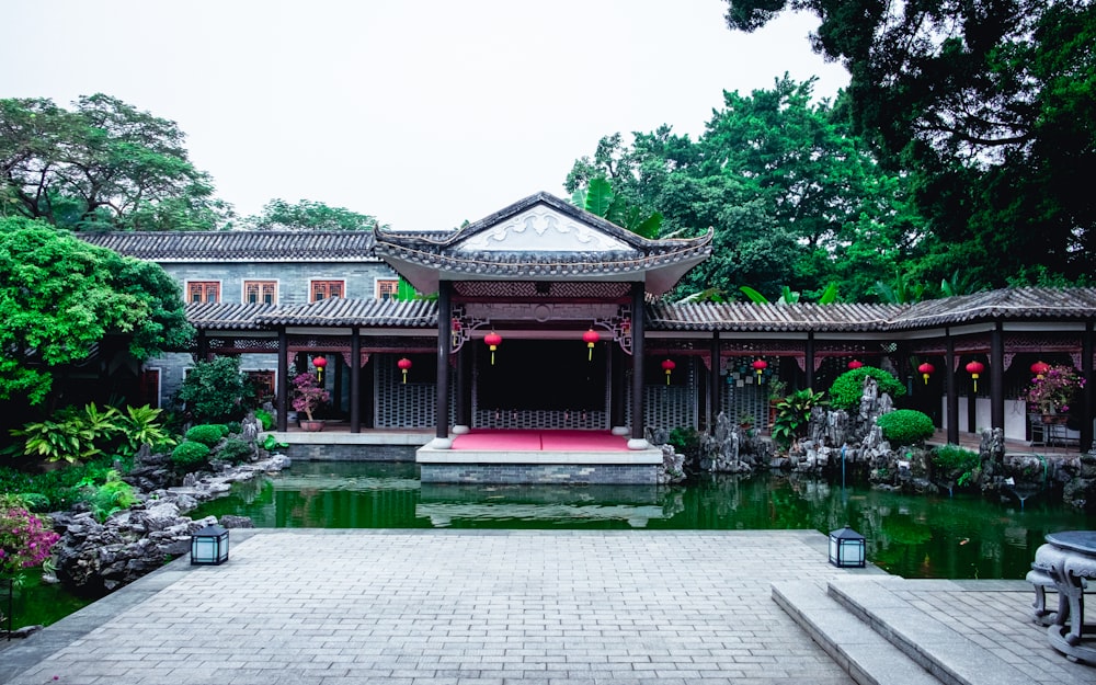 temple with plants in front