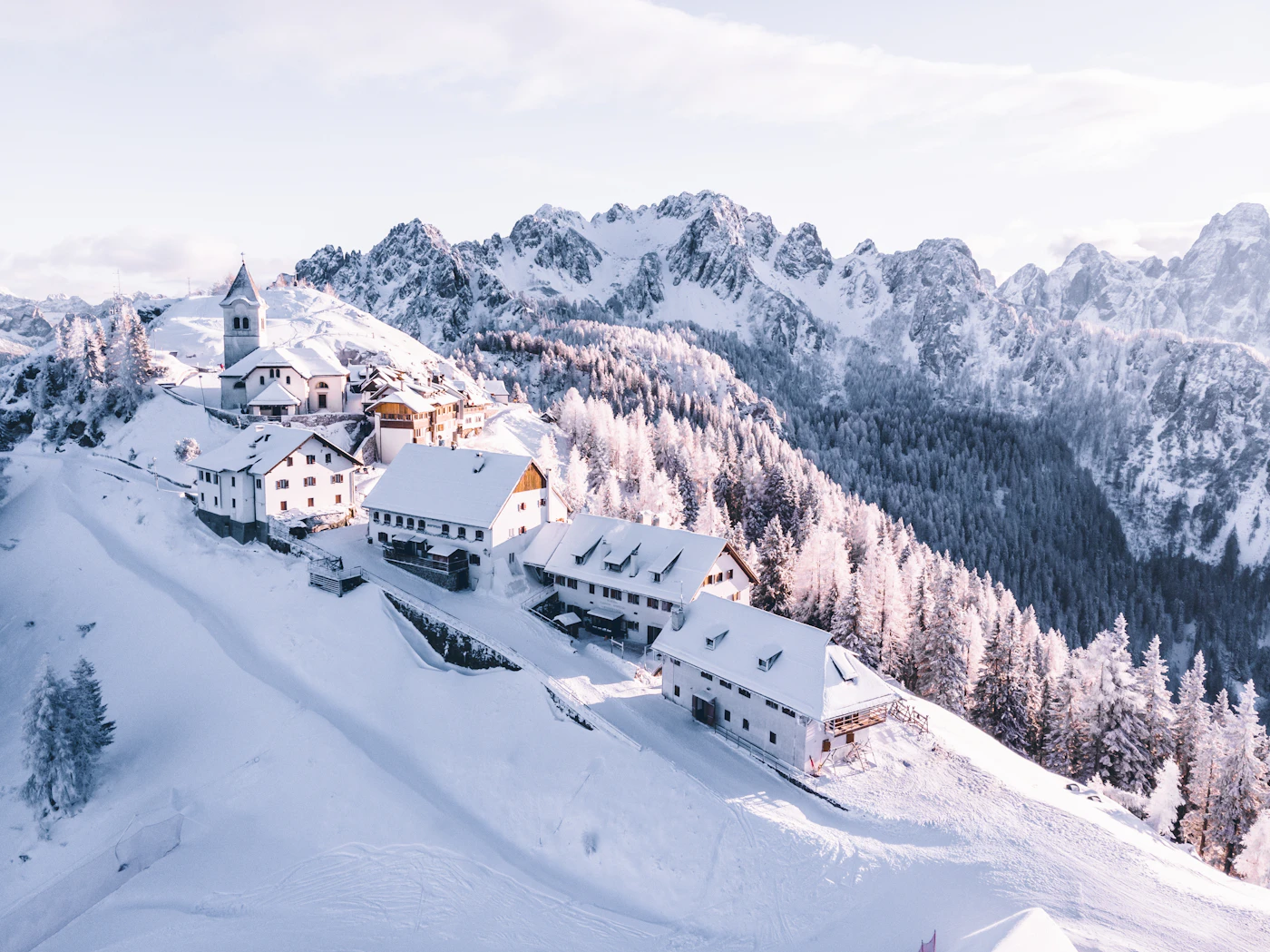 An alpine village under fresh snow