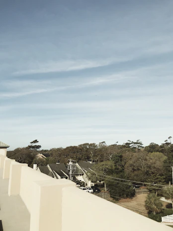 A friendly home inspector examining a rooftop under bright daylight in a suburban neighborhood.