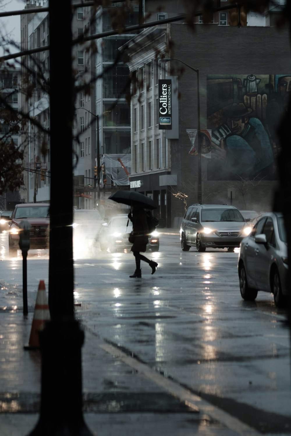 person holding umbrella while passing on road near vehicles