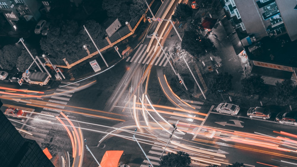 birds-eye view of highway time lapse photography