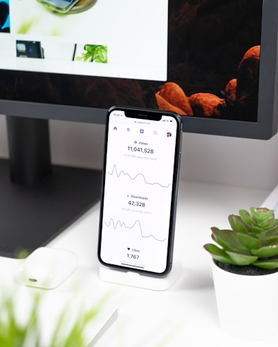 A sleek smartphone screen showing vibrant social media analytics with neon green highlights against a dark navy background.