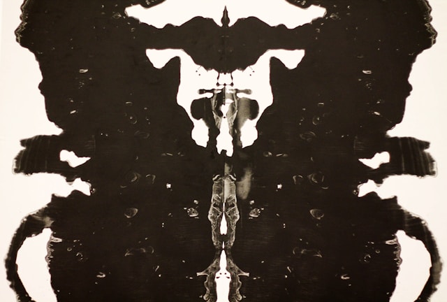 Black and white abstract ink blot artwork resembling a Rorschach test