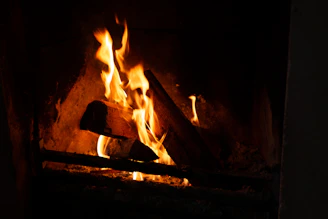 A crackling fire inside the cabin casting warm shadows on wooden walls.