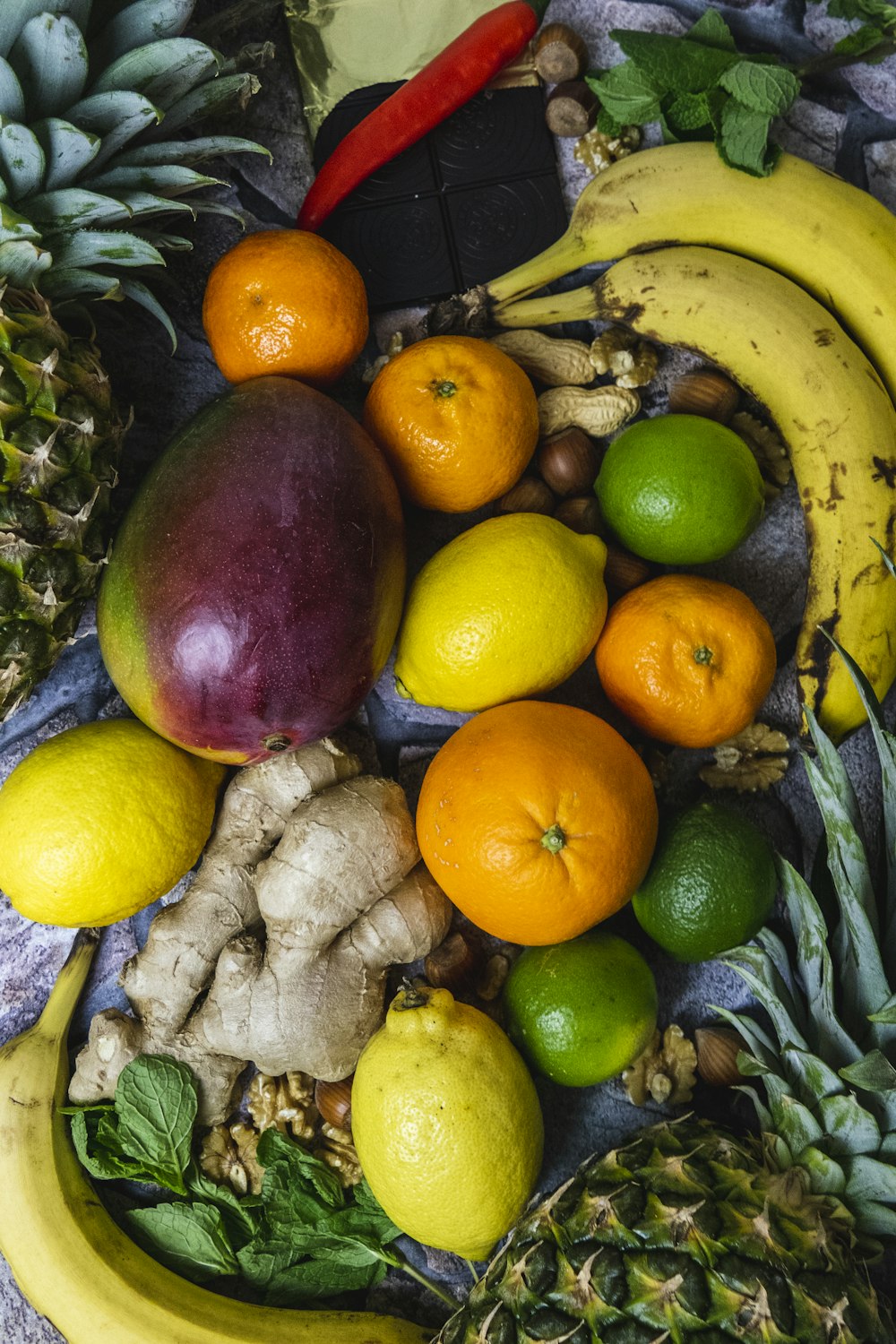 lemon, avocado, ginger, orange fruit, bananas and calamdin