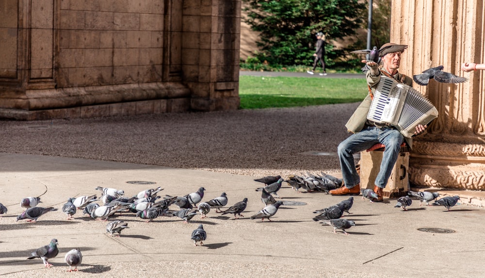 Hombre tocando el acordeón rodeado de palomas