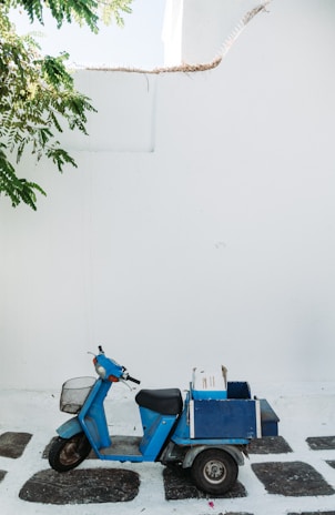 A blue scooter with a rear storage box is parked on a cobblestone path against a white wall. Overhead, branches of a tree provide a touch of greenery.