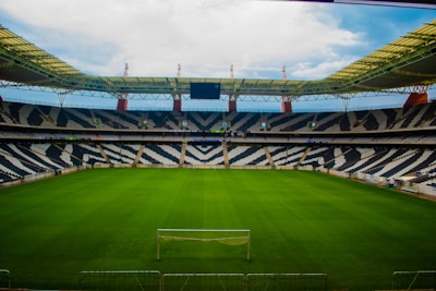 A large, empty football stadium with distinctive black and white patterned seating. The field is covered with well-maintained green grass, and a single goal post is visible at one end. The stadium has a partially covered roof with a modern design featuring red structural elements.