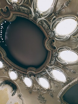 An ornate ceiling featuring intricate plasterwork and decorative elements, with multiple oval-shaped light fixtures. The design includes floral motifs and swirling patterns, creating an elegant and classical appearance.