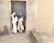 Two children dressed in light-colored traditional attire stand in a doorway. The worn-out wall behind them is textured and mildly discolored, suggesting an older structure. Their expressions are neutral to curious.