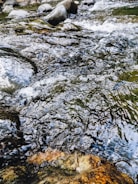 A flowing stream with clear water running over rocks of various sizes. The water creates small ripples and bubbles as it flows. The rocks are smooth and rounded, appearing at the bottom and sides of the stream.