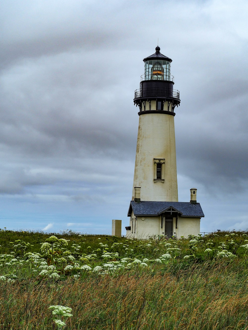 farol branco e preto ao lado do campo de grama